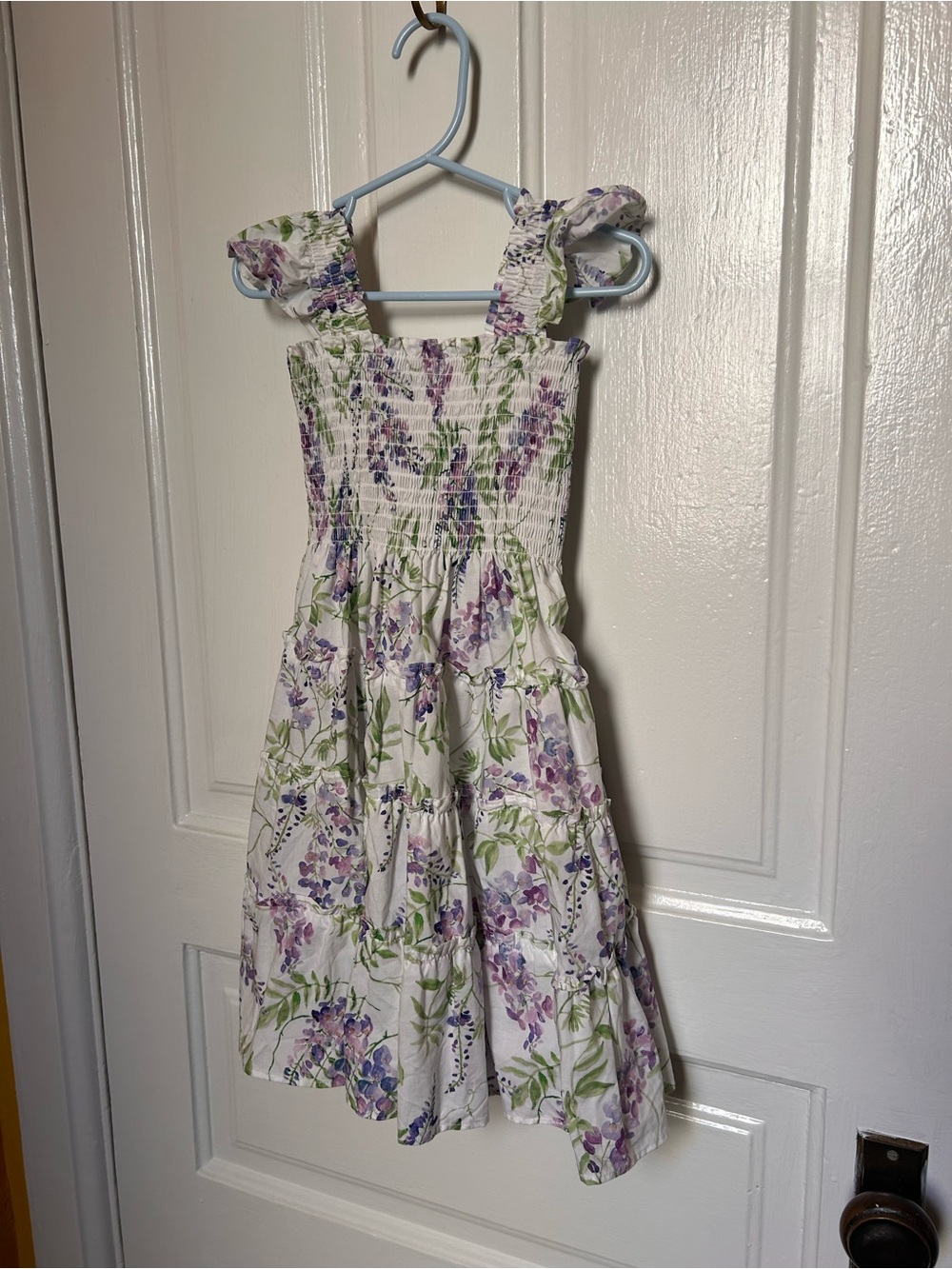 Hill House Kids White Floral Smocked Dress with Purple & Green Print